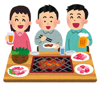 焼き肉を食べている人達のイラスト