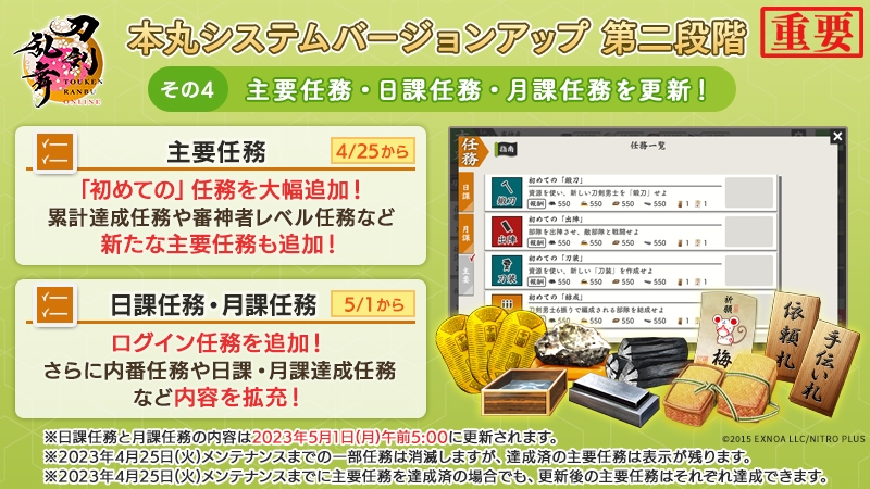 「刀剣乱舞ONLINE」主要任務・日課任務・月課任務を更新