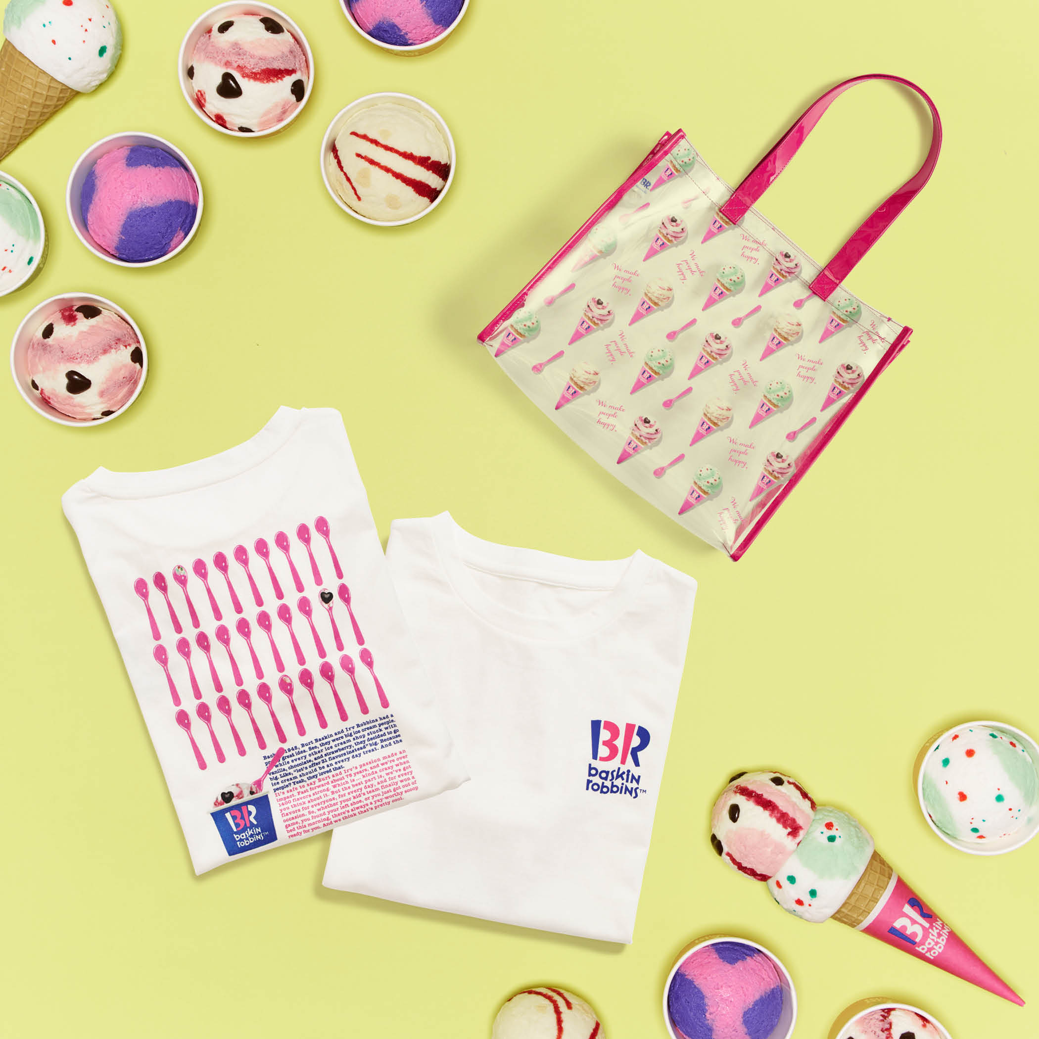 「Afternoon Tea LIVING×サーティワン アイスクリーム」プリントTシャツ(オフホワイト) ￥4,950、ビニールトート ￥4,290