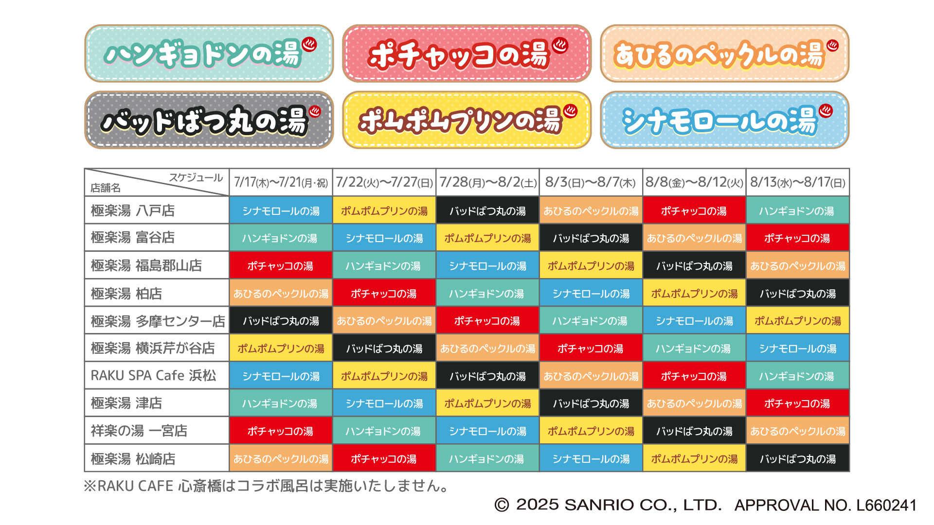 極楽湯・RAKU SPA「サンリオキャラクターとおふろタイム」コラボ風呂スケジュール