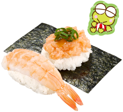 「サンリオ×スシロー」えび・サーモンたたき包み はぴだんぶいコラボ限定ピック付き