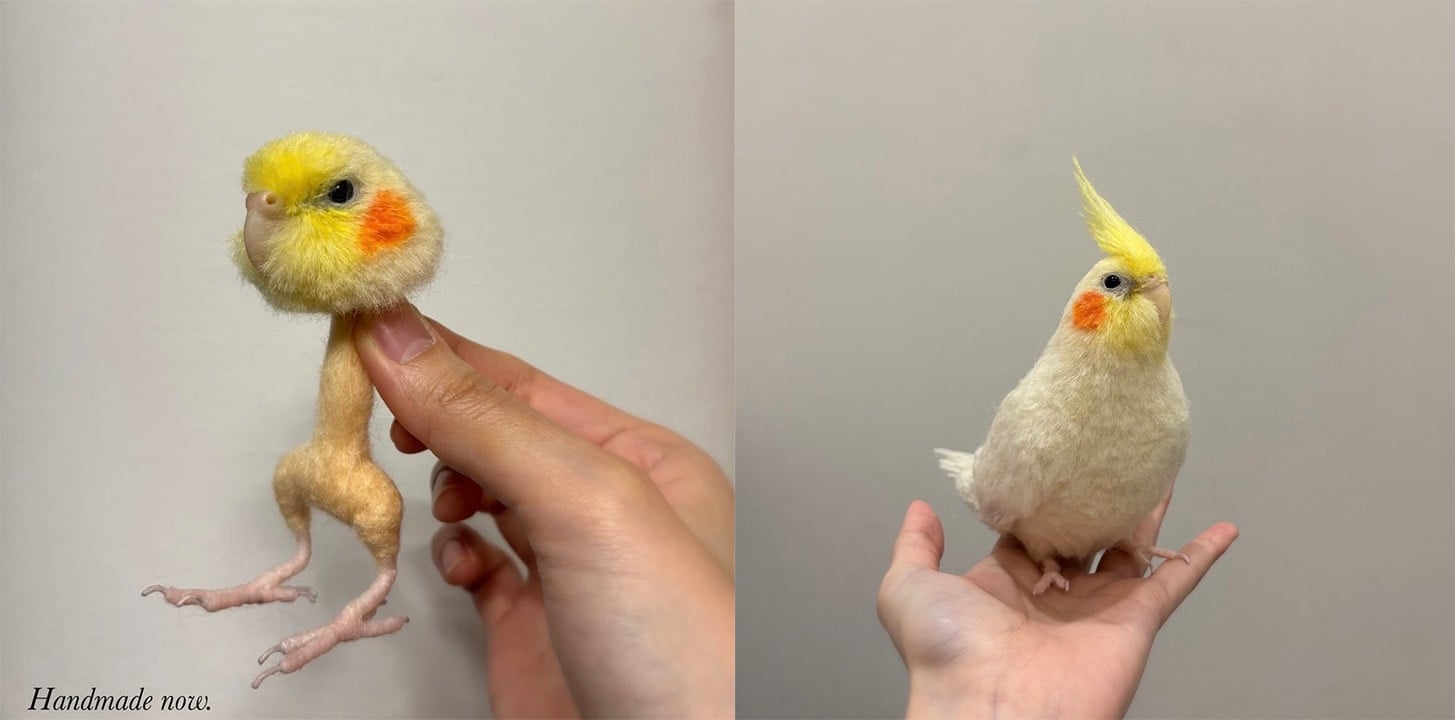 羊毛フェルトで作ったオカメインコの“ビフォーアフター”を投稿！本物にしか見えないリアルさが話題に