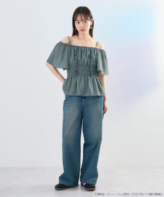 2WAYシャーリングブラウス グリーン 着用全身