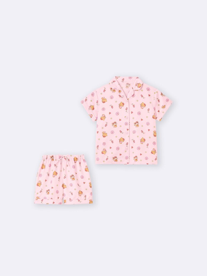 GU×サンリオキャラクターズ GIRLSサテンパジャマ(半袖&ショートパンツ) Sanrio characters ピンク