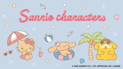 GU×サンリオキャラクターズ コラボ ハローキティ・シナモロール・ポムポムプリン ビーチデザイン キービジュアル