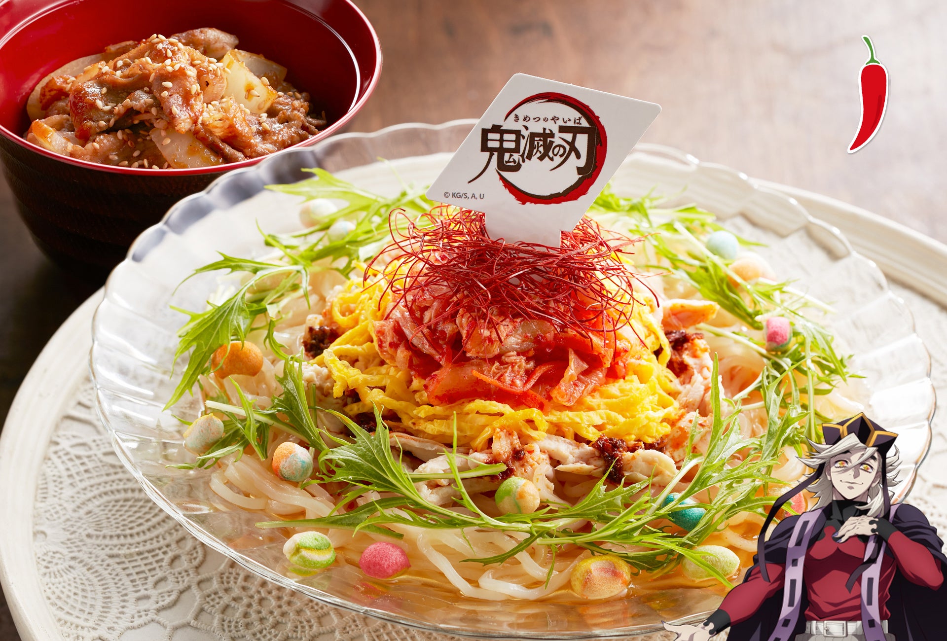 童磨の虹色瞳の極楽ピリ辛冷麺と焼肉小丼