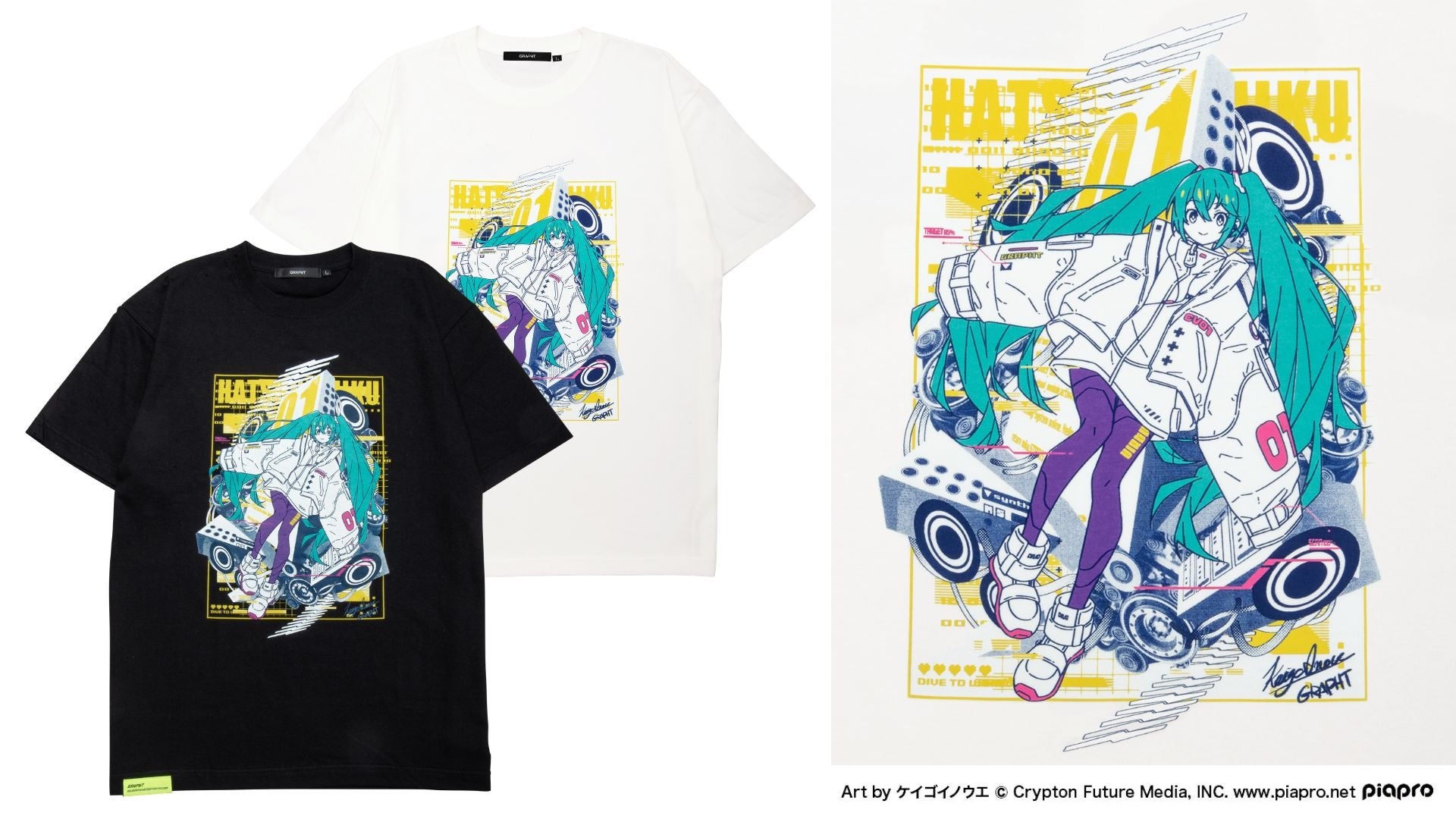 初音ミク Tシャツ Art by ケイゴイノウエ(ブラック/ホワイト、M/L/XL)各税込6,600円