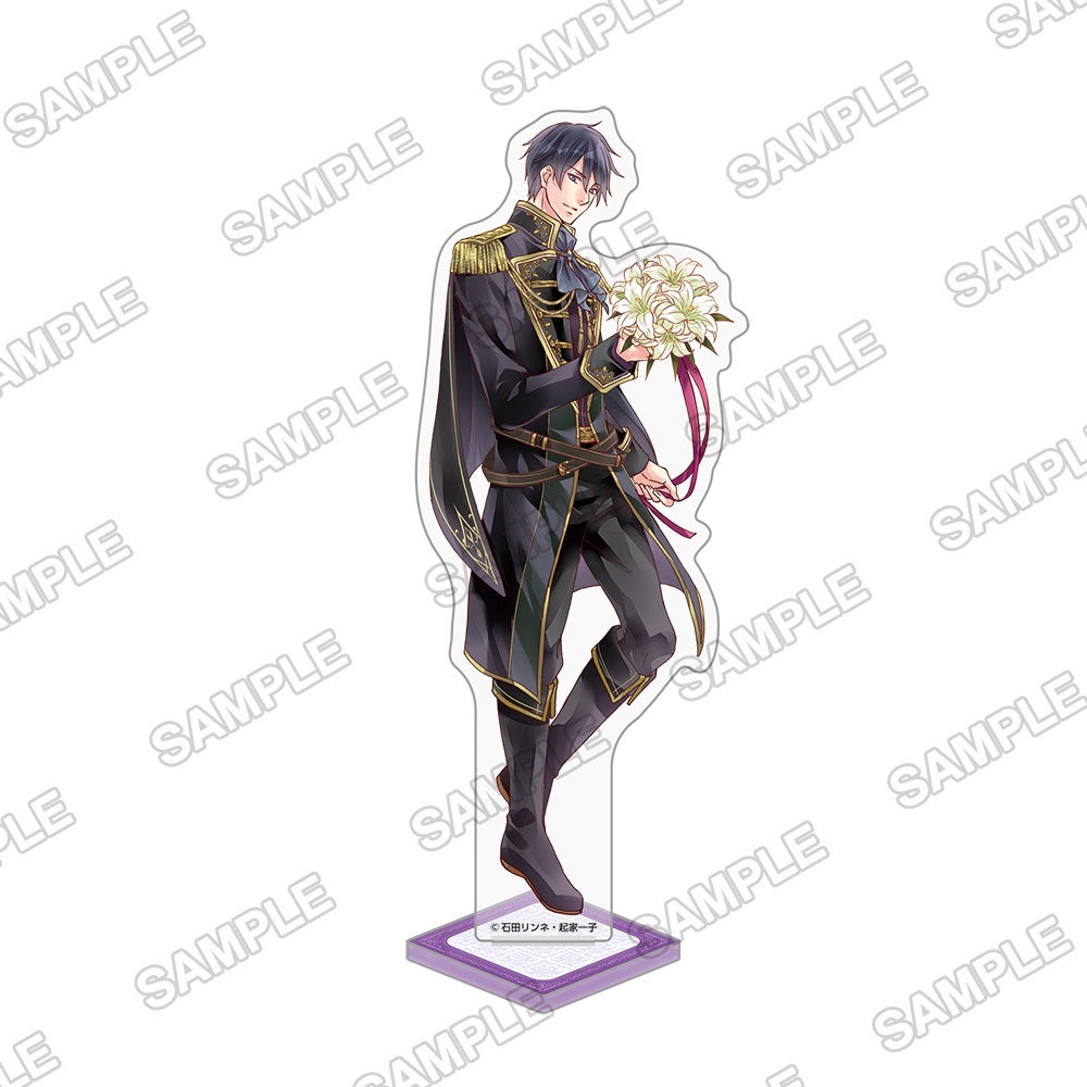 20周年記念アクリルフィギュアの黒い衣装で花束を持つキャラクター
