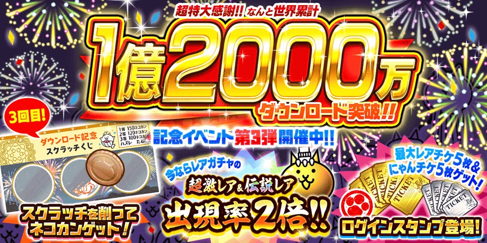 『にゃんこ大戦争』1億2000万DL突破記念イベント第3弾開催中！10月9日まで超激レア＆伝説レア出現率2倍