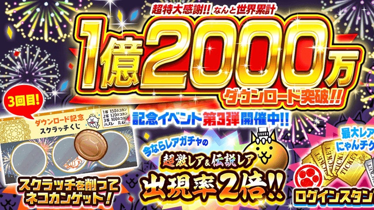 『にゃんこ大戦争』1億2000万DL突破記念イベント第3弾開催中！10月9日まで超激レア＆伝説レア出現率2倍
