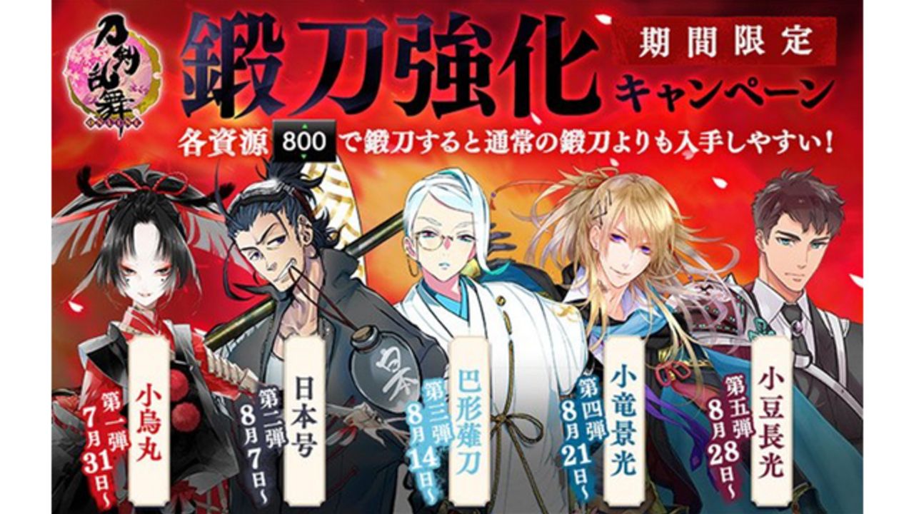 『刀剣乱舞』小烏丸や巴形薙刀、小竜景光ら5振りがALL800で入手しやすくなる鍛刀強化キャンペーン開催！